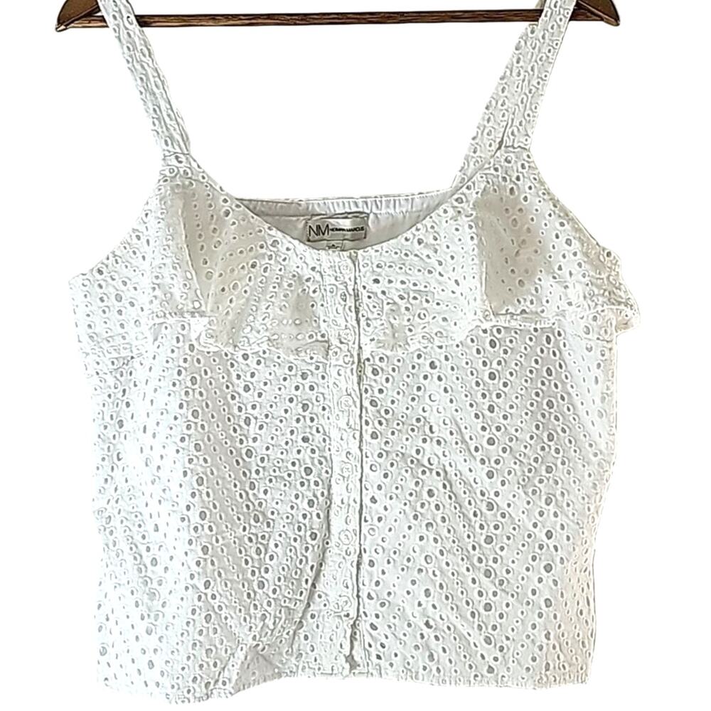 Women's Sz L White Y2K Babydoll Ruffle Eyelet Beachy 100% Cotton Cami Tank Top